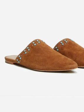 Johnny Was Brown with Blue Turquoise Embellishments Flats Suede 7 New with Box